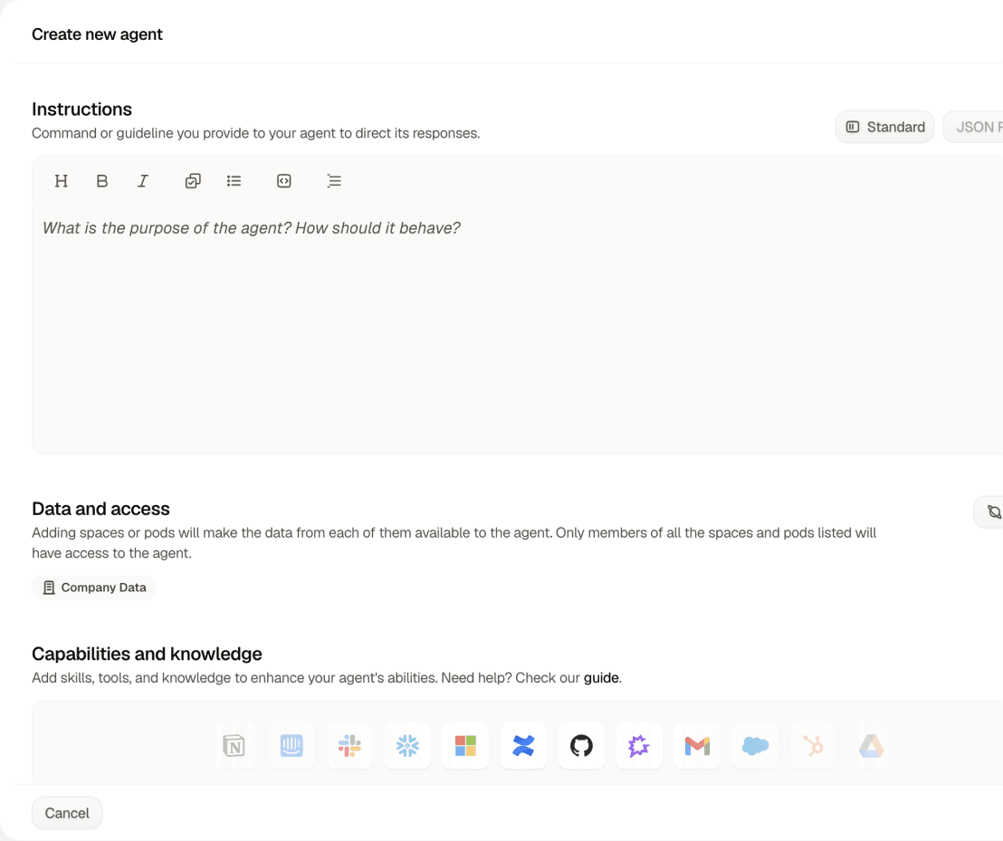 The agent builder, with instructions, data and access, and capabilities on one page